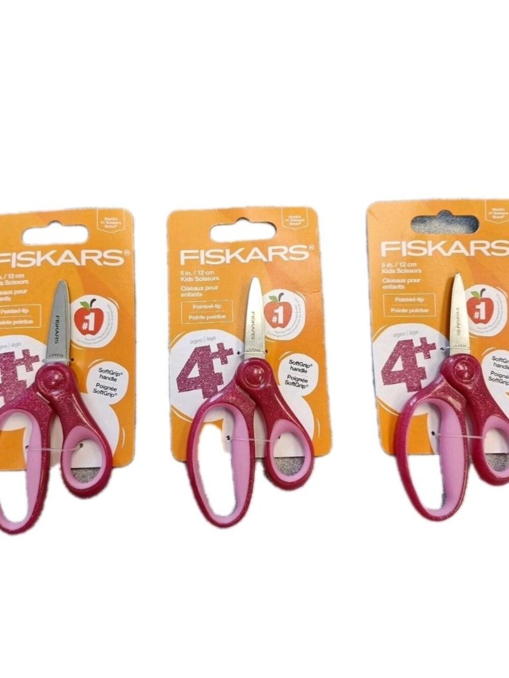 Fiskars Scissors for Kids POINTED TIP 5 Inch Safety Pink Glitter Lot Of 3